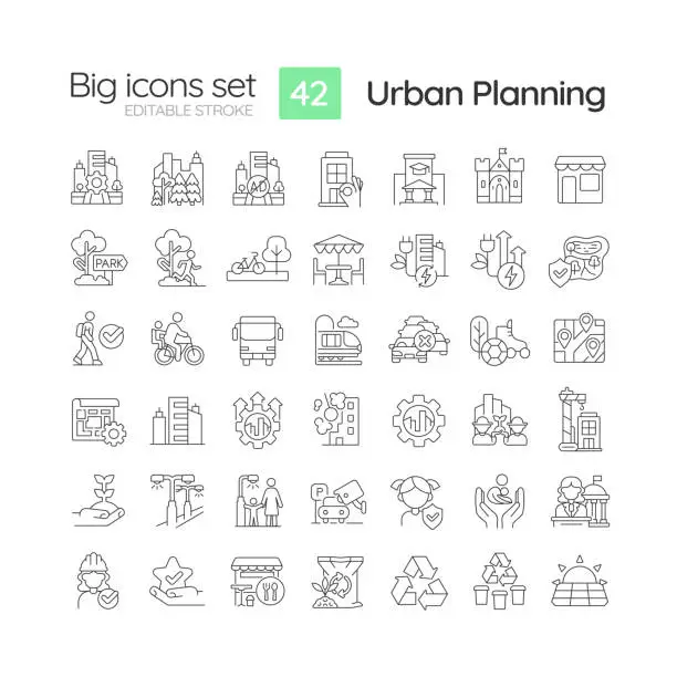Vector illustration of Urban planning linear icons set