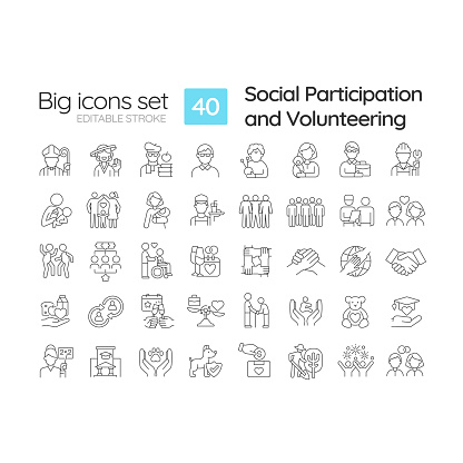 Social participation and volunteering linear icons set. Giving back to community. Civic engagement. Customizable thin line symbols. Isolated vector outline illustrations. Editable stroke