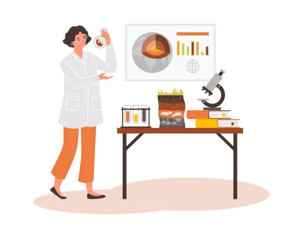 Vector illustration of Geologist analyzing soil levels and composition, scientist woman in laboratory cartoon vector isolated illustration