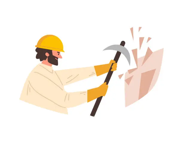 Vector illustration of Man working with pickaxe, vector cartoon archaeologist or geologist in yellow protective helmet does excavation