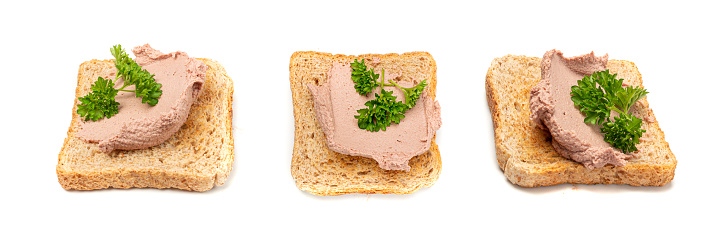 Meat Paste Toast Bread Isolated, Tuna Pate Sandwiches, Terrine Toasts, Chopped Liver Mousse on Bread, Fish Paste Canape on White Background
