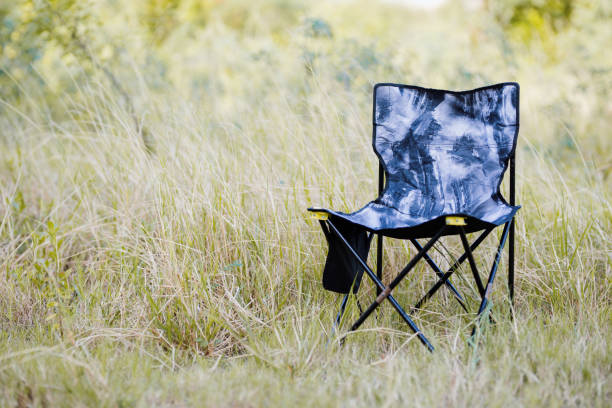 istock Folding Empty Camping Chair In Lawn outdoors on a sunny summer day 1573473658