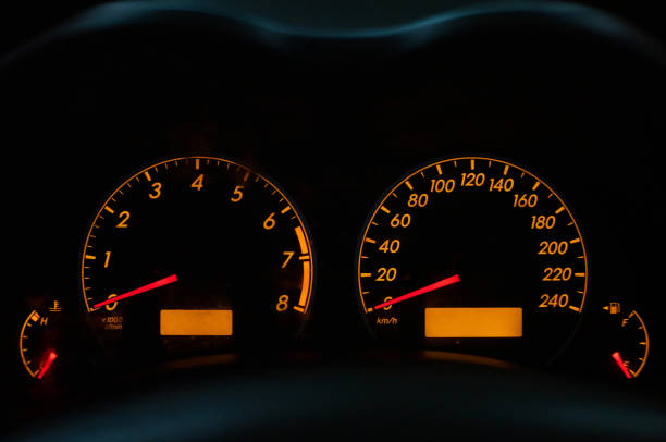 istock Close up image of car speed dashboard with light illuminated 1573473663