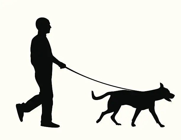 Vector illustration of Silhouette of a man walking a dog over a white background