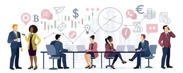 Vector illustration of Multi-ethnic Group of Business people working together. Company employees planning task and brainstorming.