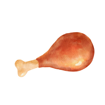 Fried chicken leg. Watercolor illustration fast food isolated on white background.