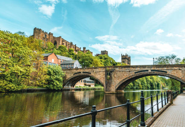 The view of Durham Cathedral, Durham Castle and the Farmwellgate Bridge from the riverbank of River Wear The view of Durham Cathedral, Durham Castle and the Farmwellgate Bridge from the riverbank of River Wear dyrham stock pictures, royalty-free photos & images