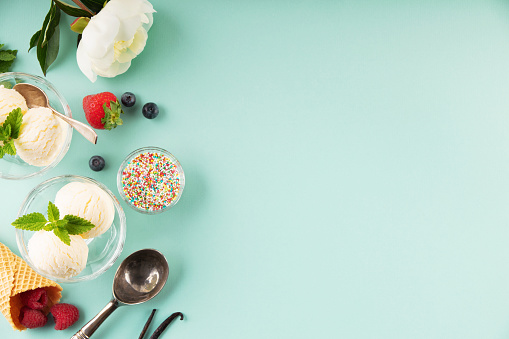 Scoops of Vanilla, mint leaves in glass bowl, sprinkles, berries and flowers over pastel light blue background, top view, banner, copy space. Summer minimal concept