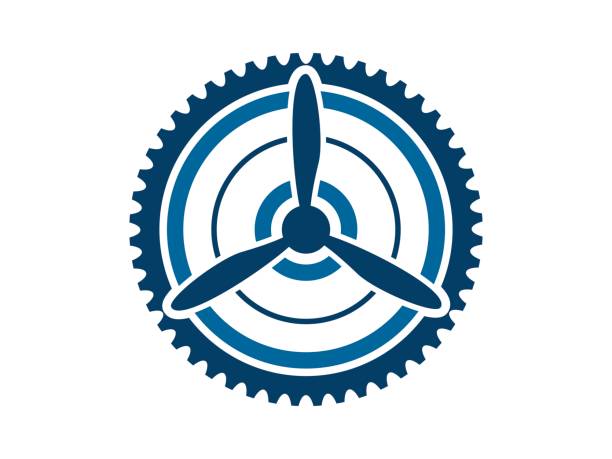Mechanical gear with blue propeller inside Mechanical gear with blue propeller inside free logo generator stock illustrations