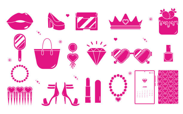 ilustrações de stock, clip art, desenhos animados e ícones de a collection of stickers in the style of fashion doll. pink color. flat illustration isolated on white background. - earring multi colored shoe jewelry