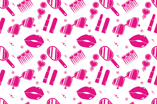 Repeat background fashion doll style. Seamless pattern with pink lips, morror and lipstick. Flat illustration