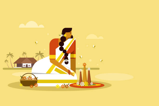 A traditionally dressed woman making floral designs on floor. Onam festival concept A traditionally dressed woman making floral designs on floor. Concept of Onam festival in Kerala pookalam stock illustrations