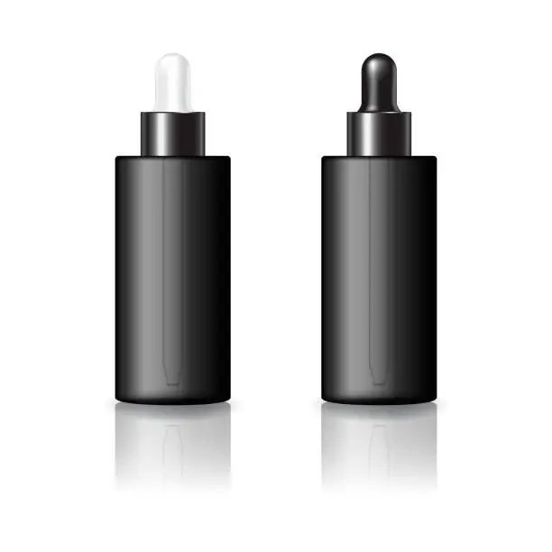 Vector illustration of Blank black cylinder cosmetic bottle with white and black-black dropper lid mockup template.