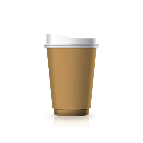 Brown kraft paper-plastic coffee-tea cup with white lid in medium size mockup template. Brown kraft paper-plastic coffee-tea cup with white lid in medium size mockup template. Isolated on white background with shadow. Ready to use for brand design. Vector illustration. corporate identity packages stock illustrations