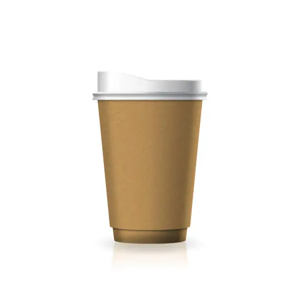 Vector illustration of Brown kraft paper-plastic coffee-tea cup with white lid in medium size mockup template.