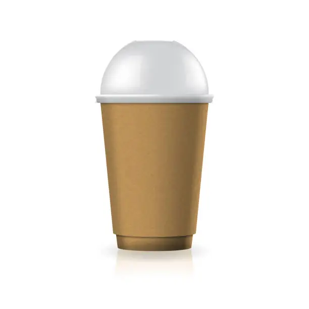 Vector illustration of Brown kraft paper-plastic coffee-tea cup with clear dome lid in medium size mockup template.