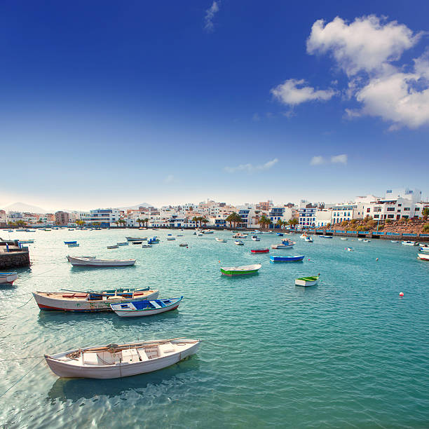 Arrecife in Lanzarote Charco de San Gines boats in Canary Islands