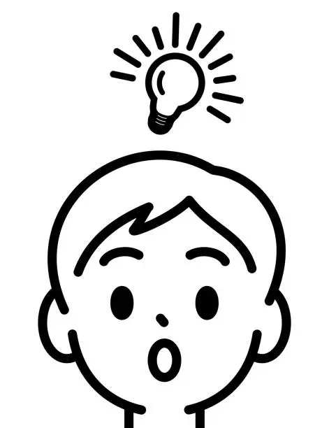 Vector illustration of A boy has an idea, minimalist style, black and white outline