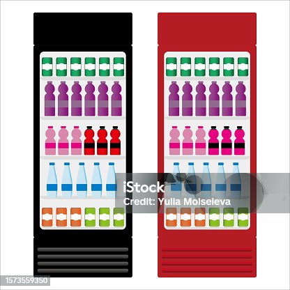 istock Refrigerator with drinks, sweet water, mineral water icon, vector, illustration, symbol 1573559350