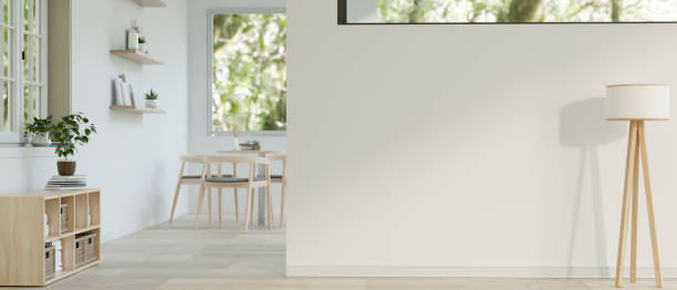 istock A minimalist white room with a minimal floor lamp, empty space on the white wall 1573563629