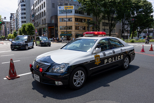 Tokyo, Japan - July 2, 2023 : A Police car in Shinjuku, Tokyo, Japan.