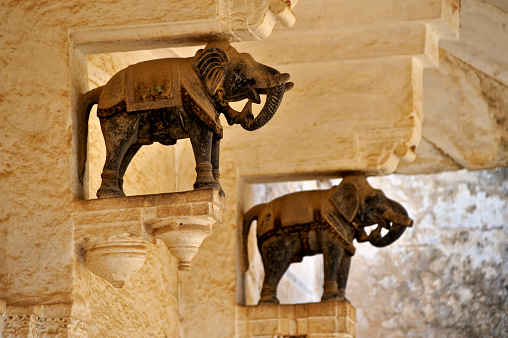 Statues of Elephants on the pillar of Chhatra Mahal of Bundi Palace in state Rajasthan