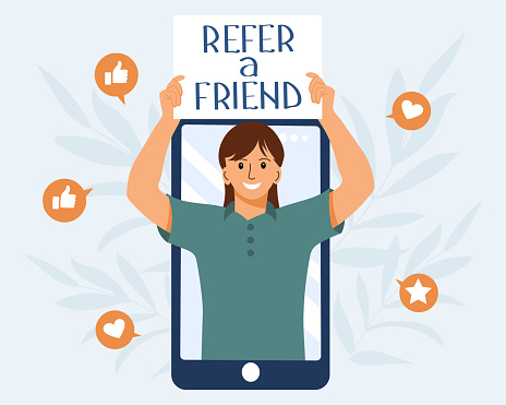 Refer a friend marketing concept. The person on the phone invites to the referral program. Social communication, social media marketing for friends. Landing page template. Vector.