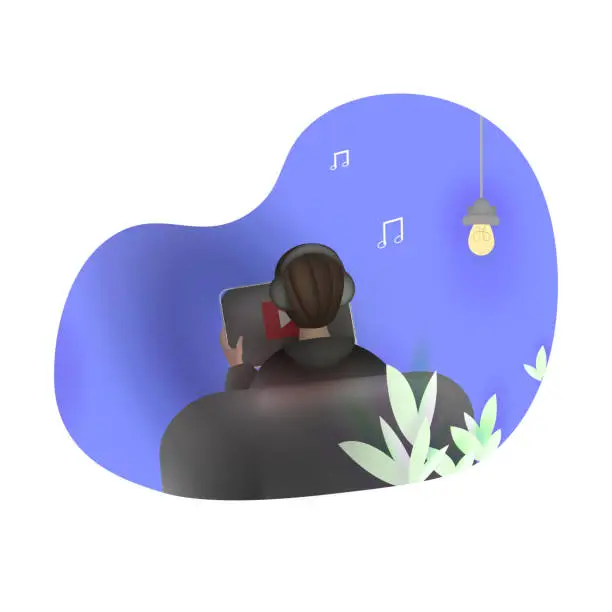 Vector illustration of 3d boy is watching youtube on tablet and listening to music.