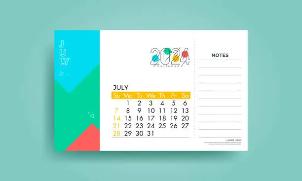 Vector illustration of 2024 July illustration vector desk calendar weeks start on Sunday in colorful and white theme stock illustration stock illustration