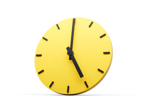 istock 3d Simple Yellow Round Wall Clock 5 O'Clock Five O'clock On White Background 3d illustration 1573591052