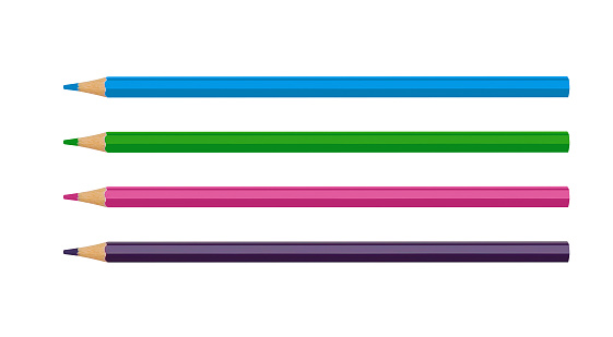 Set Of Four Polychromos Blue Green Pink And Purple Colored Pencils On White Background