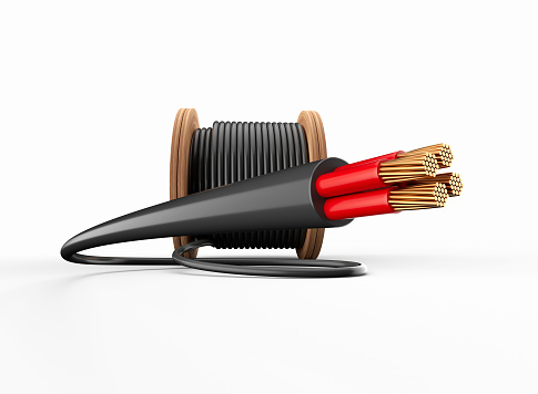 3d Black Electric Cable Wire With Wooden Coil Or Spool Isolated On White Background 3d Illustration