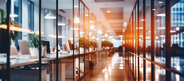 Beautiful defocused office background - office interior panoramic background.