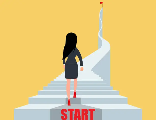 Vector illustration of Ambition plan, ladder to success. Businesswoman climbs up stairs from start.