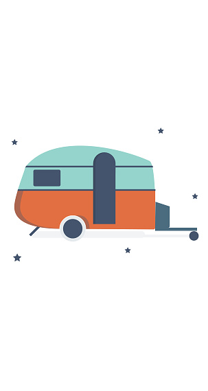 small colorful caravan for summer vacation in mint green and orange, retro vibes illustration in minimalistic style