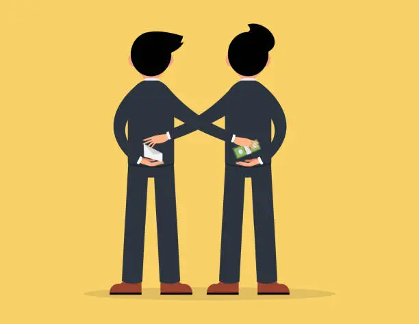 Vector illustration of Corruption and bribery concept. Two businessman exchange money and envelop document behind their back