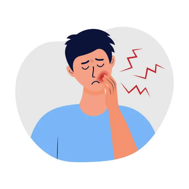 Vector illustration of Man holding his cheek and suffering from toothache. Concept of caries, severe pain in the teeth, oral treatment, dental problem.