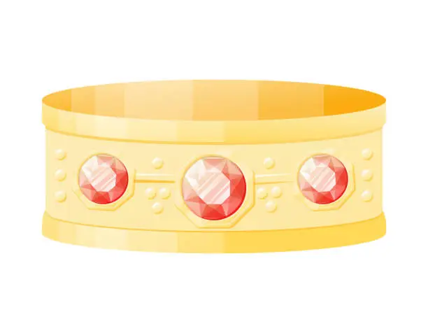 Vector illustration of Gold bracelet with red ruby gemstones. Royal expensive women jewelry shining cartoon necklace.