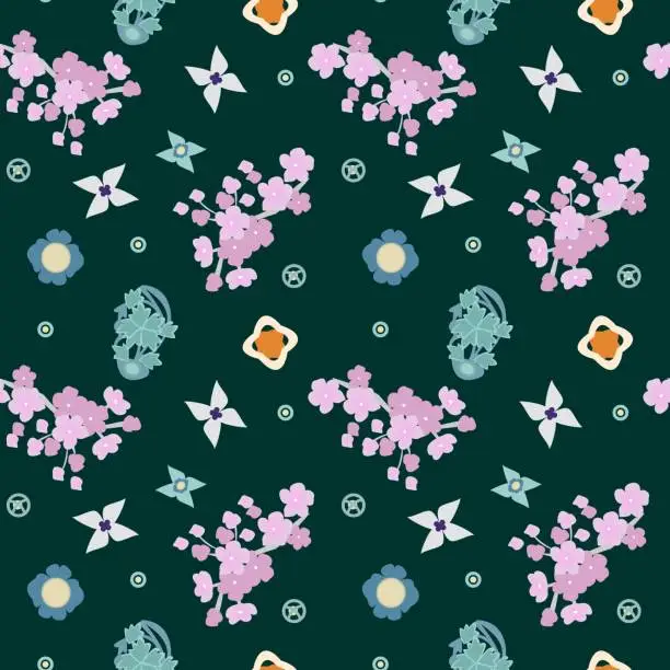 Vector illustration of Blooming sakura seamless pattern. Japanese cherry blossom in Asian kawaii style for kimono, Korean hanbok, cheongsam dress, fabric, textile.