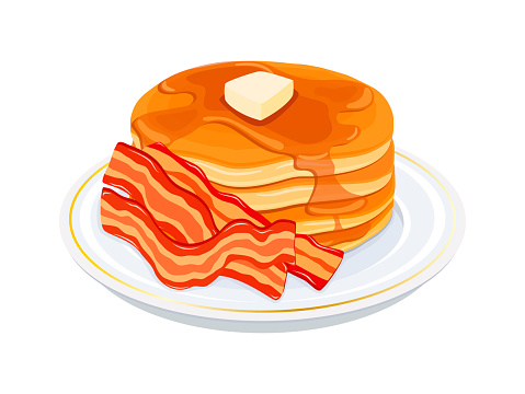 Pancakes with butter and bacon on a plate vector illustration. Bacon pancake breakfast design element isolated on a white background
