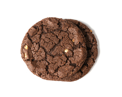 Round Chocolate Cookies Isolated, Brown Butter Biscuits, Crispy Cocoa Cake with Nuts, Round Chocolate Cookies on White Background