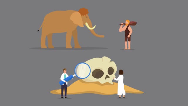 cave man with mammoth and archaeologists