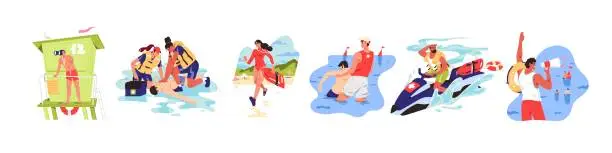 Vector illustration of Lifeguard rescue people set. Women save life drowning persons. Emergency on the water and security. Dangerous swimming in the ocean and first aid on the sea beach. Flat isolated vector illustration