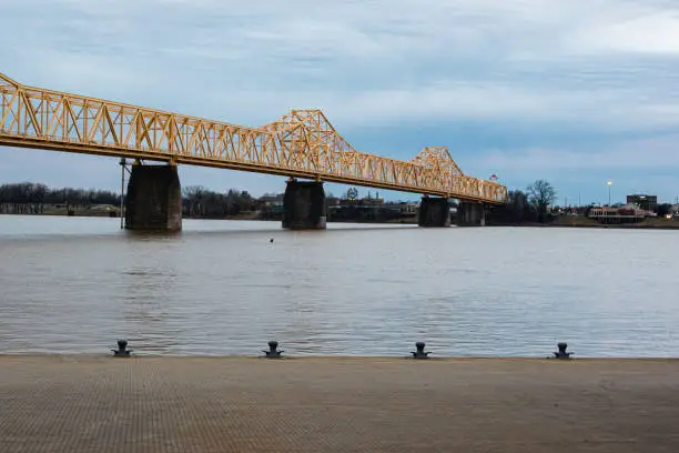 Moorings along the Ohio River from Louisville Kentucky looking toward Indiana with Cloudy Sky and Bridge.