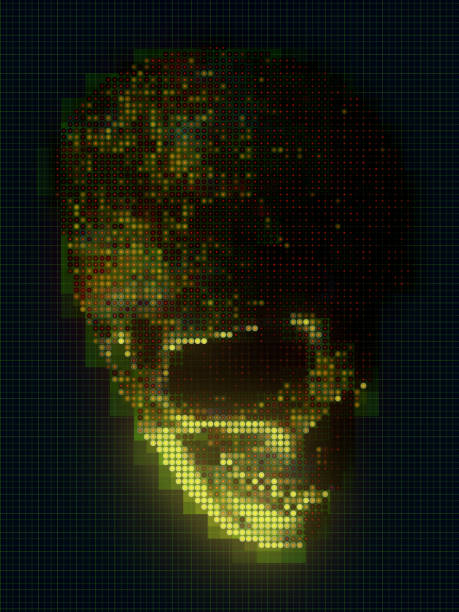 Virtual holographic image of the skull from luminous multicolored pixels. 3d rendering digital illustration background. Abstract futuristic design