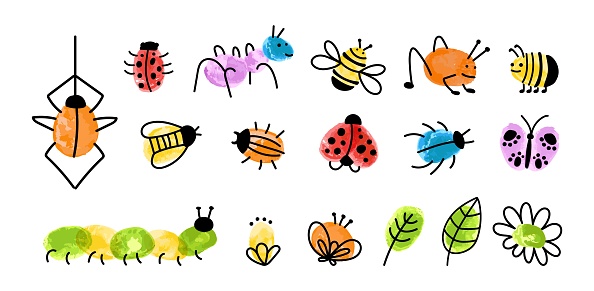 Children style fingerprint art insects. Decorative paint childish graphic, kids drawing spider, bugs, bee. Nursery game vector elements of fingerprint fun illustration