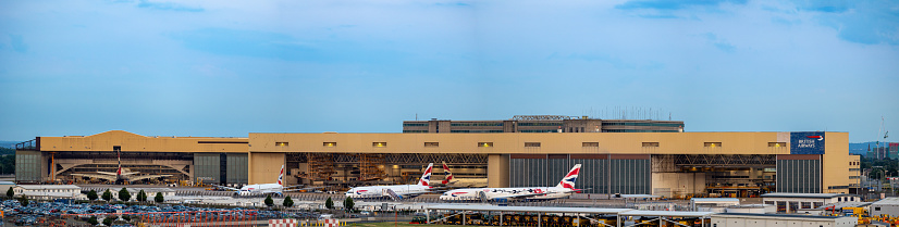 London, United Kingdom - June 22 2023: Airplanes are maintained in British Airways service facility on the grounds of Heathrow International Airport