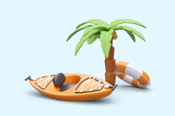 Vector illustration of Realistic kayak, striped lifebuoy, coconut tree. Active sports recreation on seashore, ocean