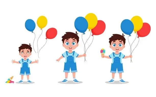 Vector illustration of Set of illustrations of a boy with ice cream and balloons