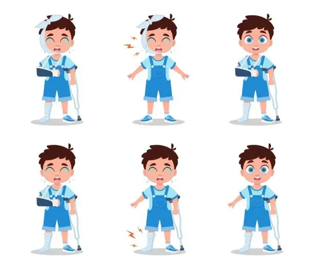 Vector illustration of Set of illustrations of a boy with a broken arm, bandaged head, crying in pain and on crutches.